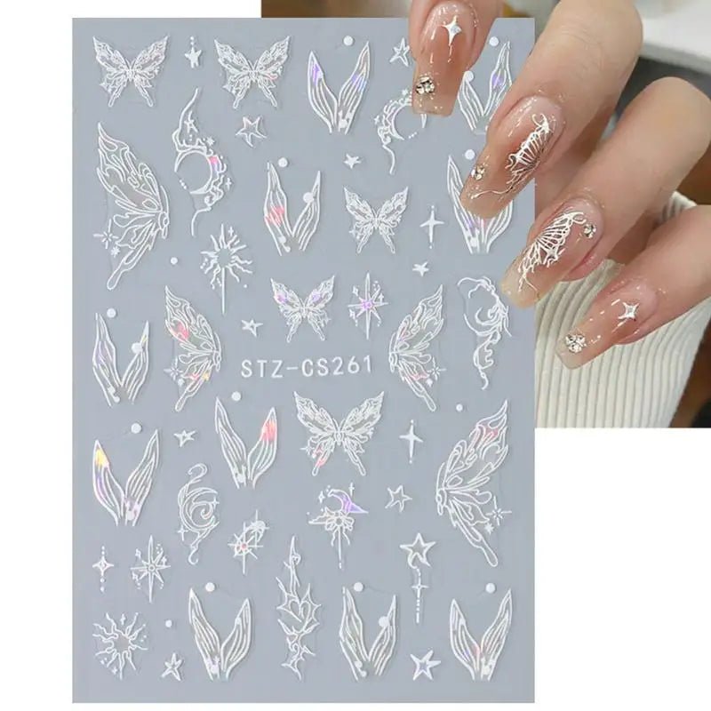 Luxury nails supplies featuring holographic butterfly nail art stickers for Hailey Bieber-inspired designs