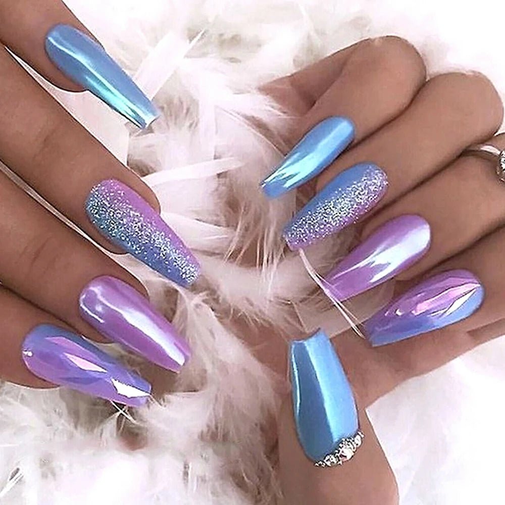 Luxury nails featuring Hailey Bieber nails nail art supplies with blue and purple designs and glitter accents
