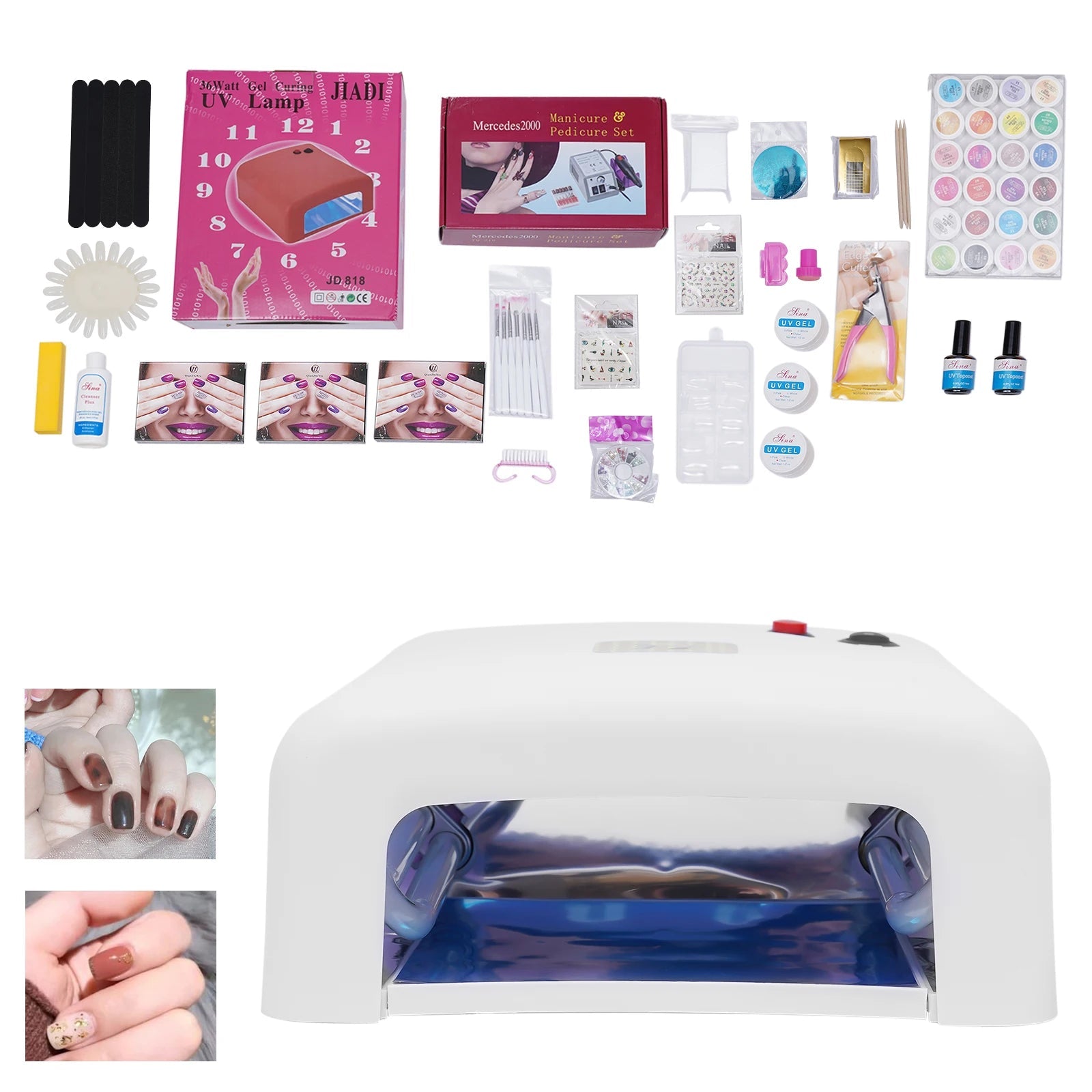 Complete luxury nails kit including UV lamp, nail art supplies for Hailey Bieber nails enthusiasts