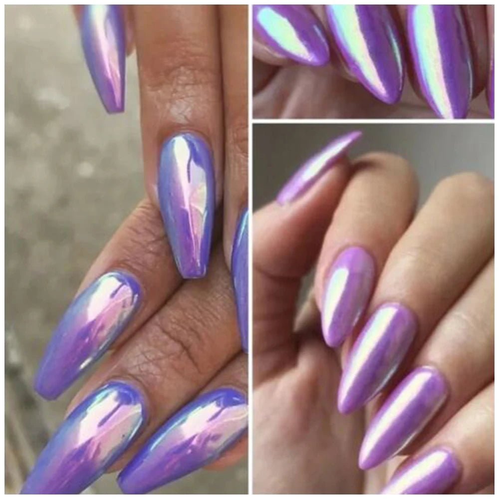 Luxury nails in iridescent purple with pointed tips, perfect for nail art supplies and inspired by Hailey Bieber nails