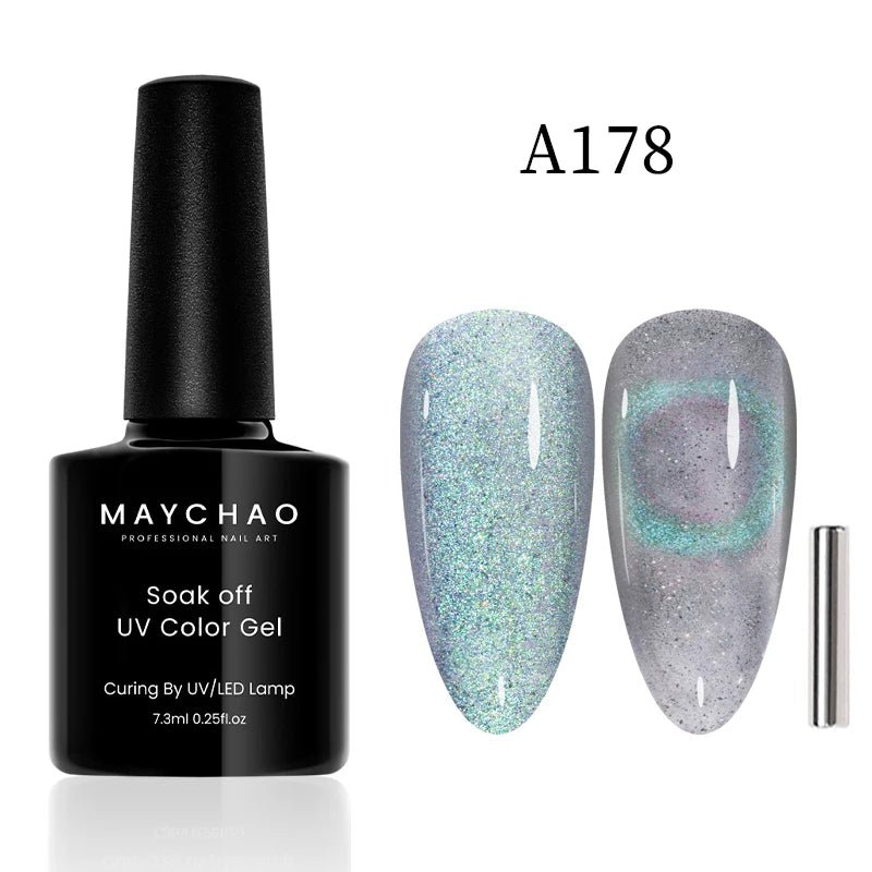 Paola Center Cat Eye Gel Nail Polish Maychao Soak Off UV Color Gel with shimmering blue and gray shades