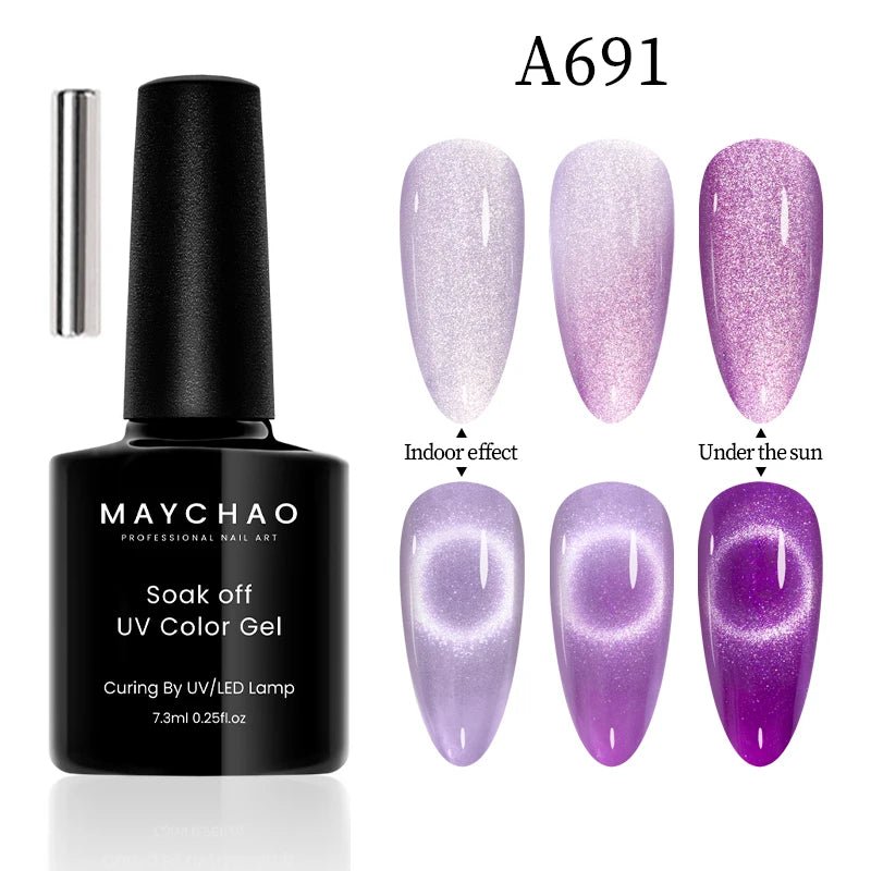 Paola Center Cat Eye Gel Nail Polish Maychao UV Color Gel bottle with purple shade effects under indoor light and sunlight