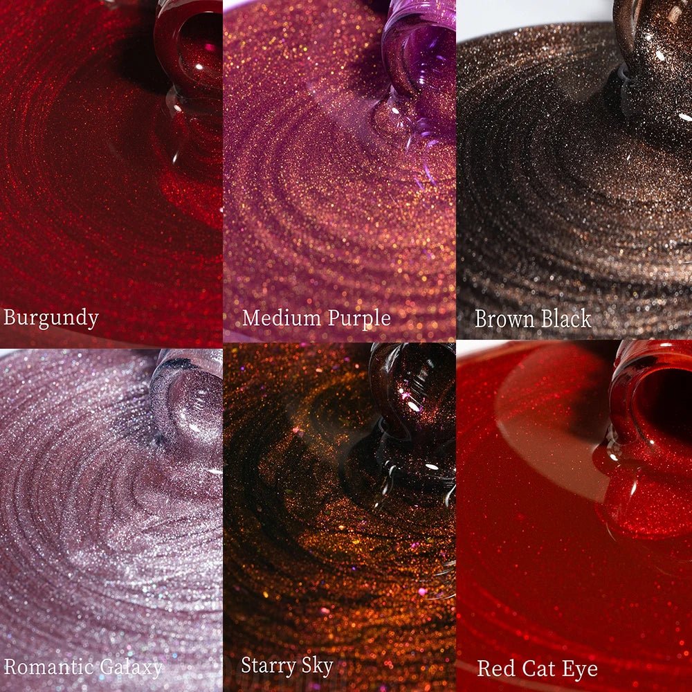 Paola Center Cat Eye Gel Nail Polish in Burgundy Medium Purple Brown Black Romantic Galaxy Starry Sky and Red Cat Eye shades