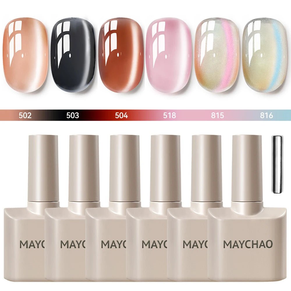 Paola Center Cat Eye Gel Nail Polish set with six shimmery shades including nude, black, brown, pink, and iridescent colors