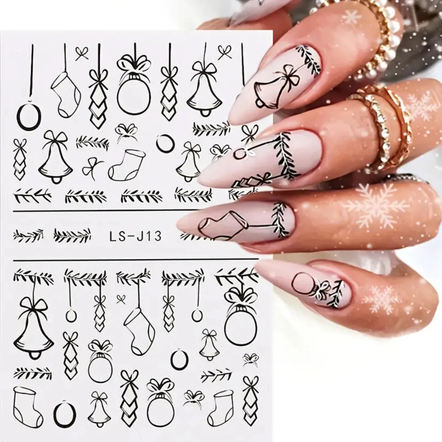 Nail art supplies featuring festive holiday themes like bells and stockings for creative nail designs