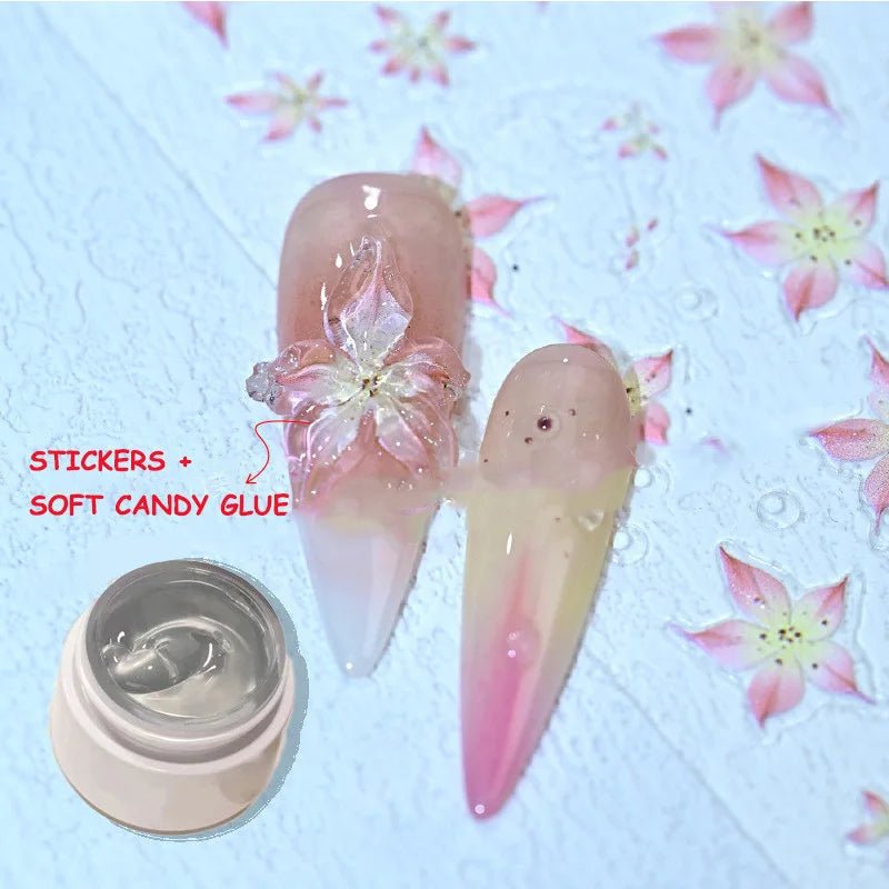 Nail art supplies with floral stickers and soft candy glue for creative nail design