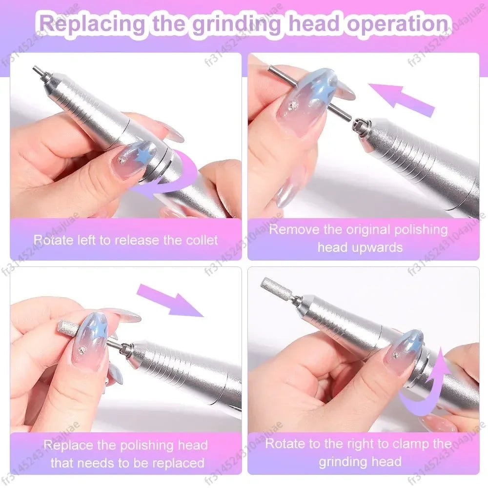 Instructional image showing replacement of grinding head for luxury nails, featuring Hailey Bieber nails style with nail art supplies