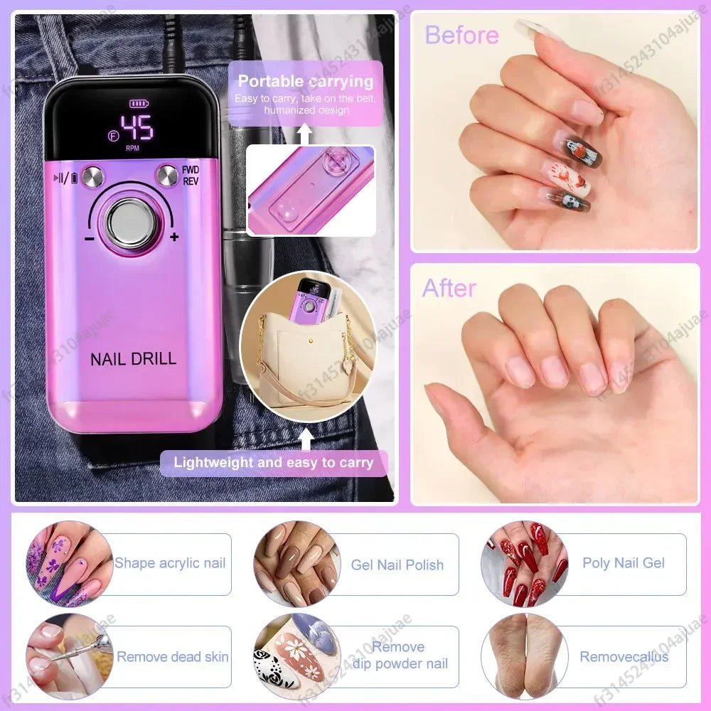 Portable pink nail drill for luxury nails and Hailey Bieber nails, easy to carry nail art supplies