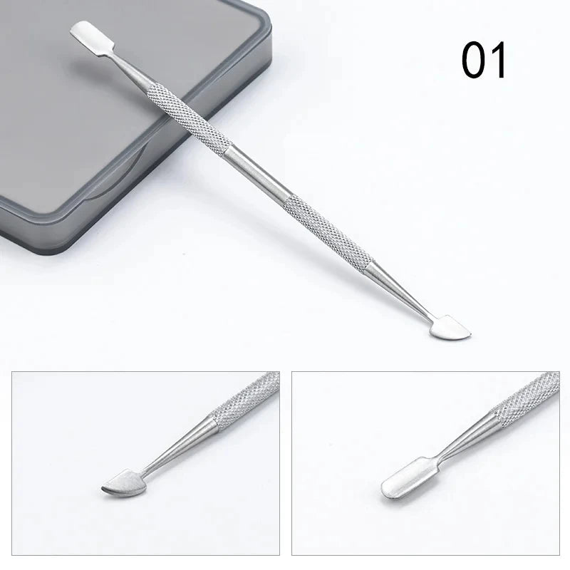 Stainless steel nail art supplies tool featuring a dual side for cuticle pushing and cleaning