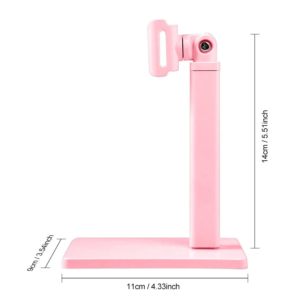 Pink adjustable stand for Nail Art UV LED Light with dimensions shown for height and base size