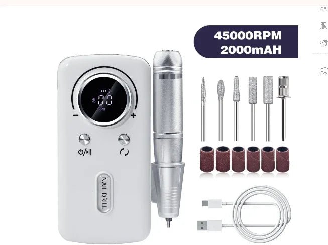 Professional 45000RPM Electric Portable Nail Drill Machine Rechargeable Low Noise Nail Sander File for Manicure Salon Tool - Paola Center