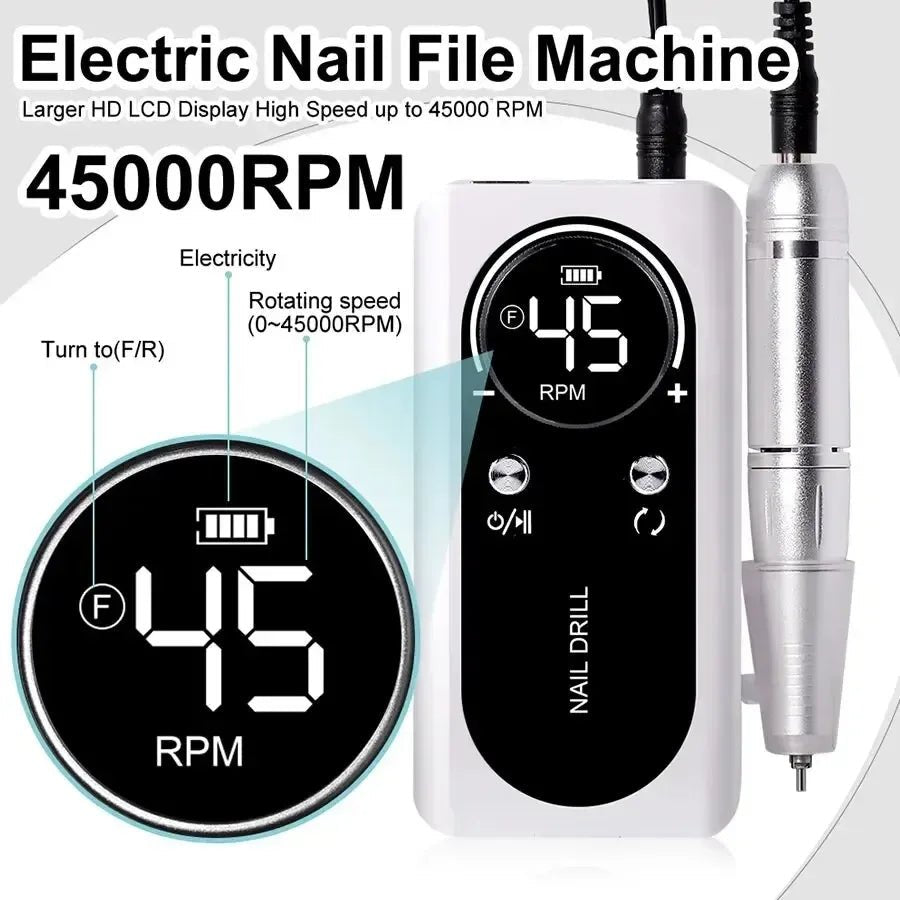 Professional 45000RPM Electric Portable Nail Drill Machine Rechargeable Low Noise Nail Sander File for Manicure Salon Tool - Paola Center