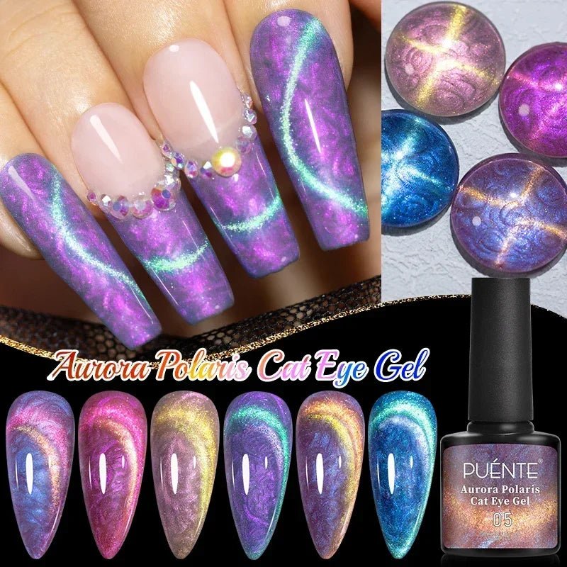 PUENTE 6Pcs Aurora Shell Thread Cat Magnetic Gel Polish Set With Magnet Glitter Pearl Cat Eye Gel Soak Off Nail Art Varnish Kit - Paola Center