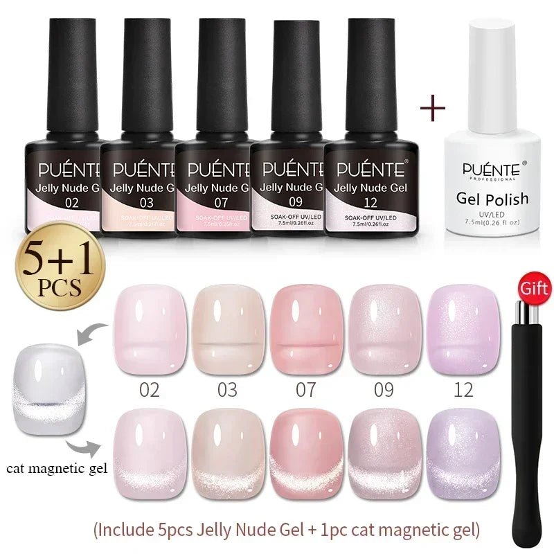 PUENTE 6Pcs Aurora Shell Thread Cat Magnetic Gel Polish Set With Magnet Glitter Pearl Cat Eye Gel Soak Off Nail Art Varnish Kit - Paola Center