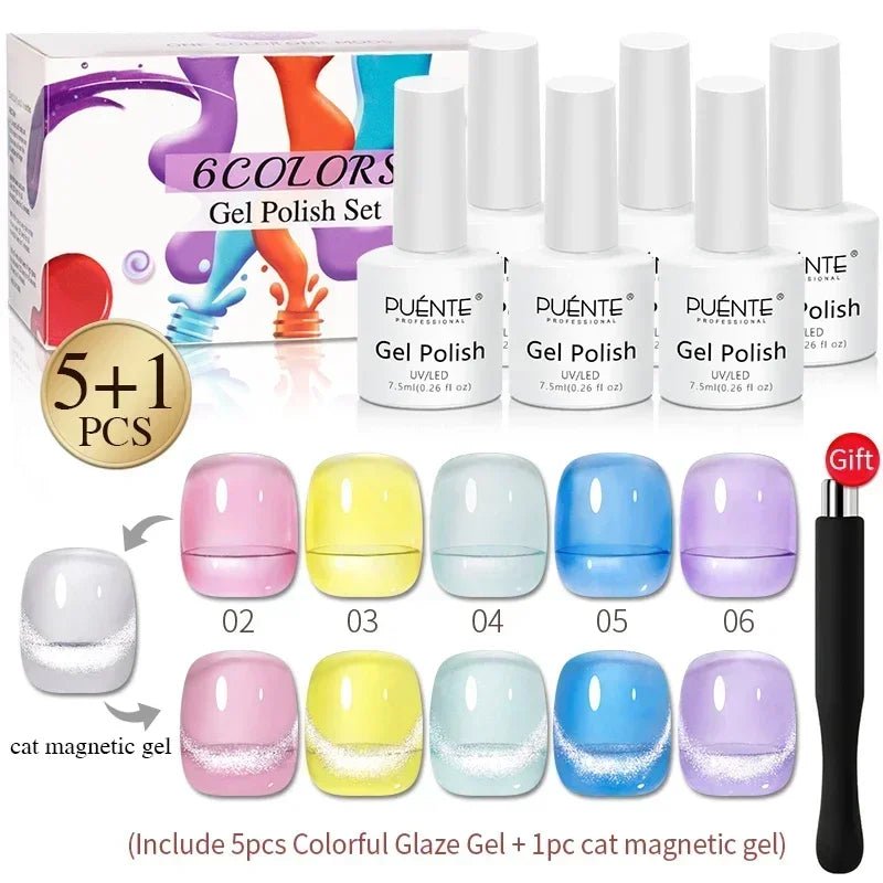 PUENTE 6Pcs Aurora Shell Thread Cat Magnetic Gel Polish Set With Magnet Glitter Pearl Cat Eye Gel Soak Off Nail Art Varnish Kit - Paola Center