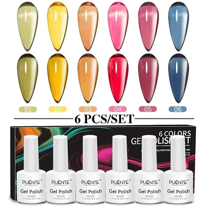 PUENTE 6Pcs Aurora Shell Thread Cat Magnetic Gel Polish Set With Magnet Glitter Pearl Cat Eye Gel Soak Off Nail Art Varnish Kit - Paola Center