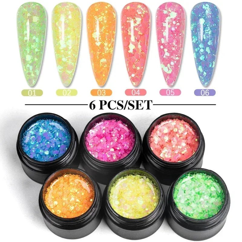 PUENTE 6Pcs Aurora Shell Thread Cat Magnetic Gel Polish Set With Magnet Glitter Pearl Cat Eye Gel Soak Off Nail Art Varnish Kit - Paola Center