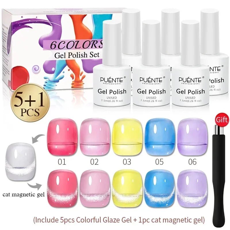 PUENTE 6Pcs Aurora Shell Thread Cat Magnetic Gel Polish Set With Magnet Glitter Pearl Cat Eye Gel Soak Off Nail Art Varnish Kit - Paola Center