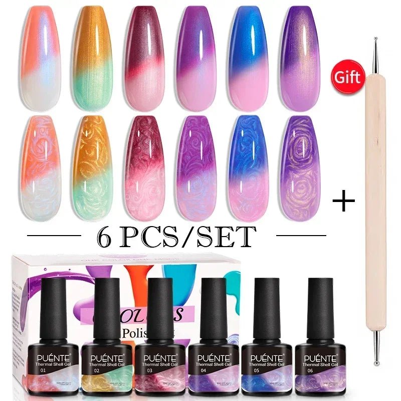 PUENTE 6Pcs Aurora Shell Thread Cat Magnetic Gel Polish Set With Magnet Glitter Pearl Cat Eye Gel Soak Off Nail Art Varnish Kit - Paola Center