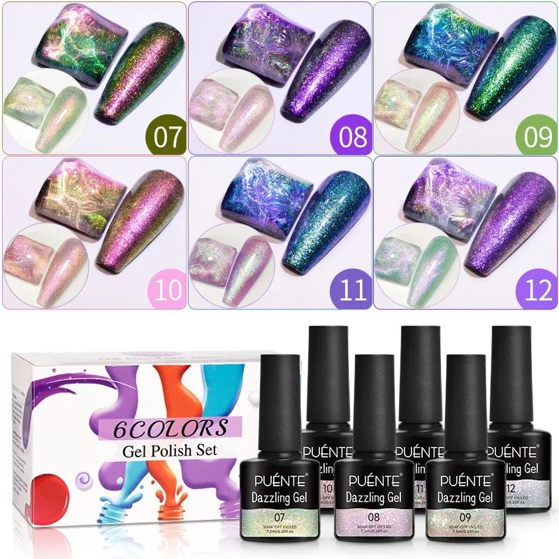 PUENTE 6Pcs Aurora Shell Thread Cat Magnetic Gel Polish Set With Magnet Glitter Pearl Cat Eye Gel Soak Off Nail Art Varnish Kit - Paola Center