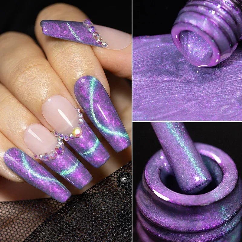 PUENTE 6Pcs Aurora Shell Thread Cat Magnetic Gel Polish Set With Magnet Glitter Pearl Cat Eye Gel Soak Off Nail Art Varnish Kit - Paola Center