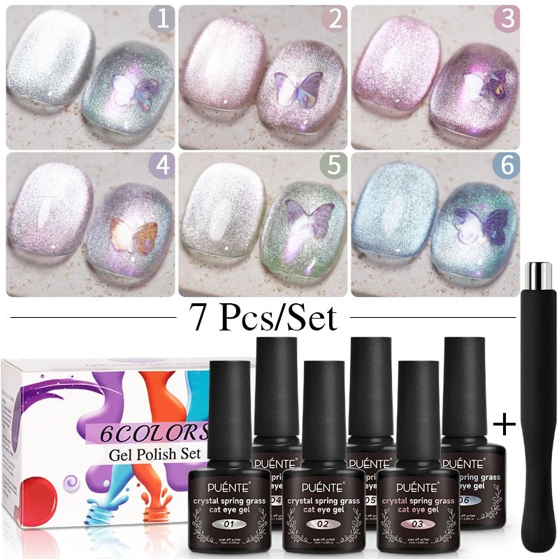 PUENTE 6Pcs Aurora Shell Thread Cat Magnetic Gel Polish Set With Magnet Glitter Pearl Cat Eye Gel Soak Off Nail Art Varnish Kit - Paola Center