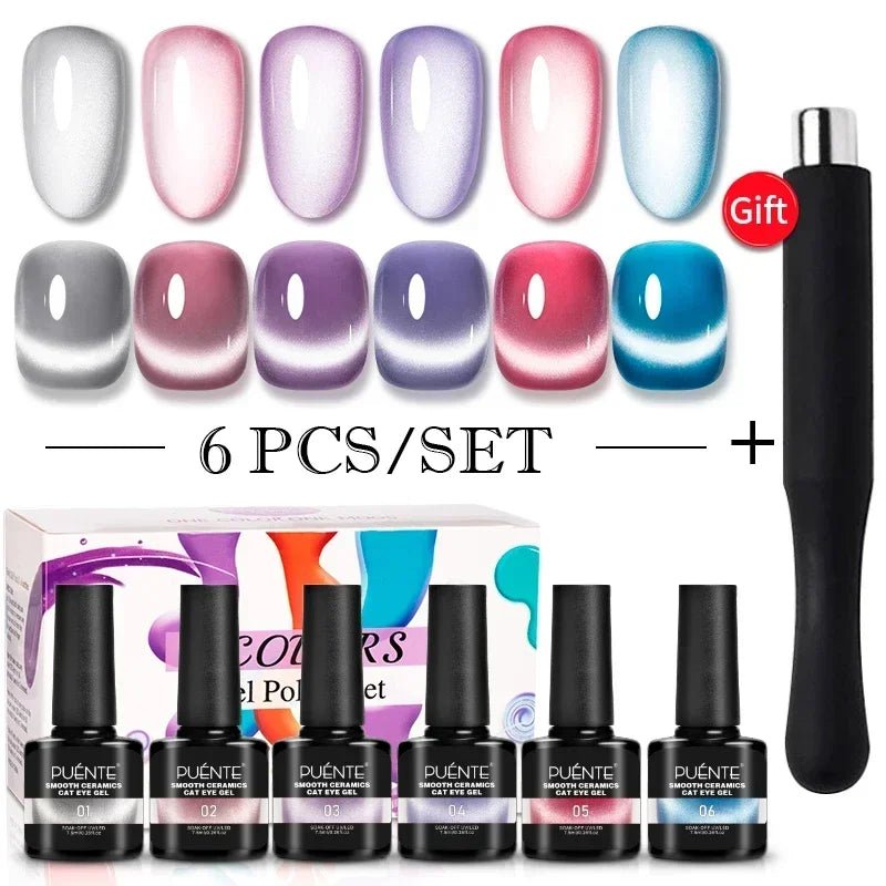 PUENTE 6Pcs Aurora Shell Thread Cat Magnetic Gel Polish Set With Magnet Glitter Pearl Cat Eye Gel Soak Off Nail Art Varnish Kit - Paola Center