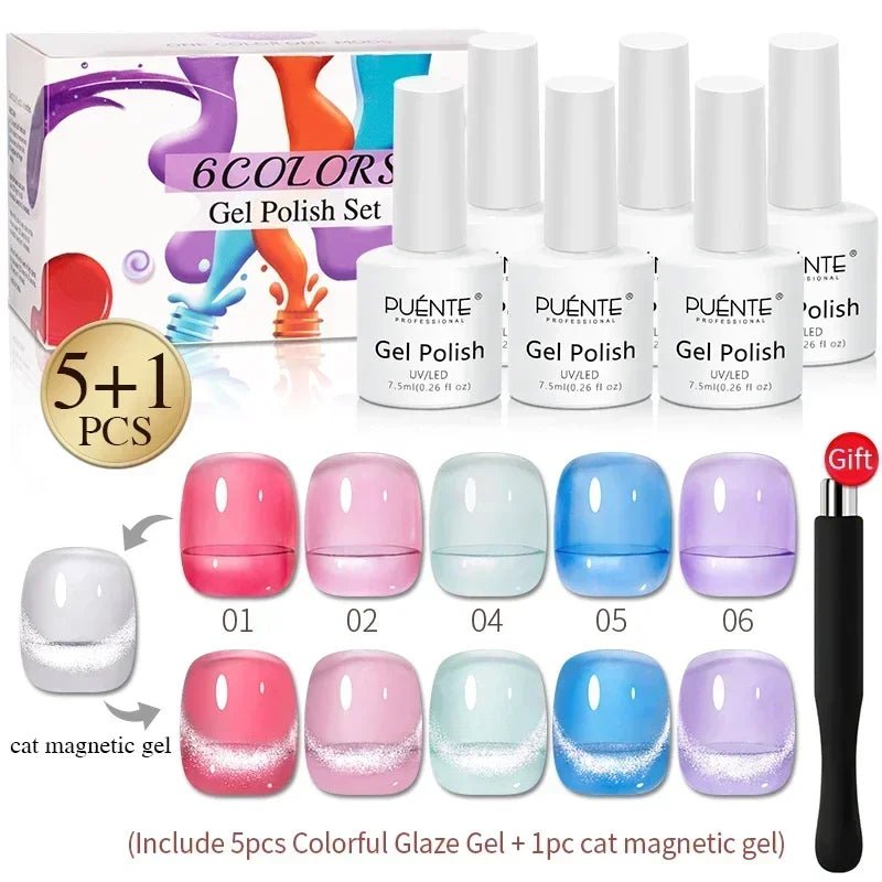 PUENTE 6Pcs Aurora Shell Thread Cat Magnetic Gel Polish Set With Magnet Glitter Pearl Cat Eye Gel Soak Off Nail Art Varnish Kit - Paola Center