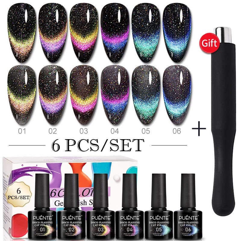 PUENTE 6Pcs Aurora Shell Thread Cat Magnetic Gel Polish Set With Magnet Glitter Pearl Cat Eye Gel Soak Off Nail Art Varnish Kit - Paola Center