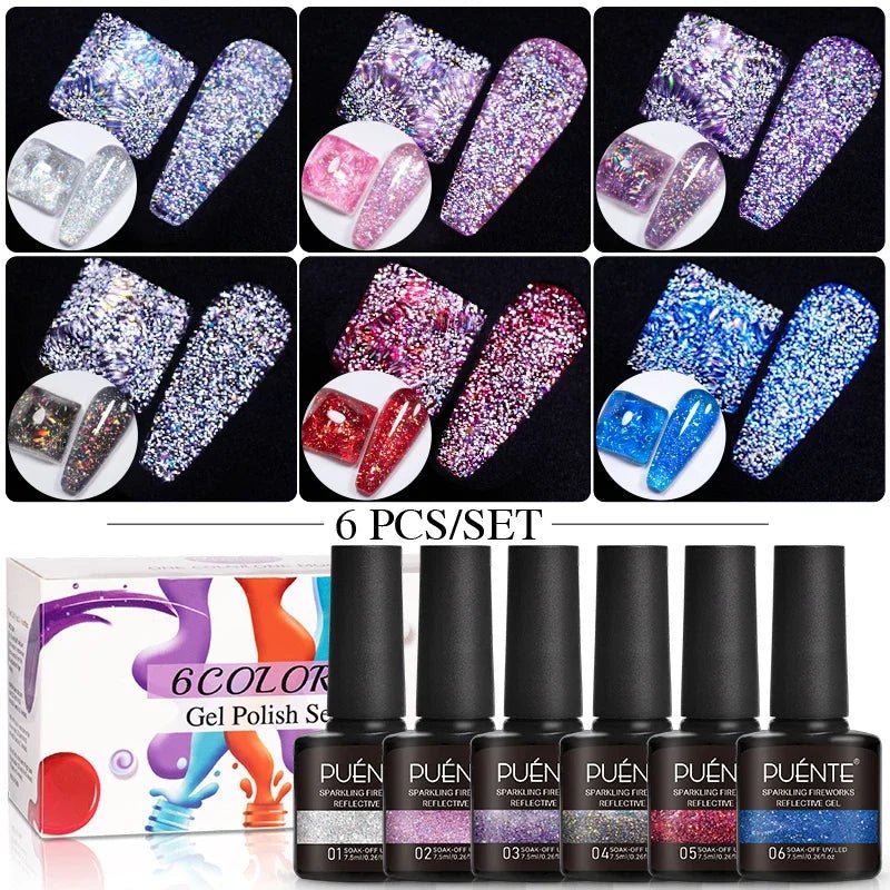 PUENTE 6Pcs Aurora Shell Thread Cat Magnetic Gel Polish Set With Magnet Glitter Pearl Cat Eye Gel Soak Off Nail Art Varnish Kit - Paola Center