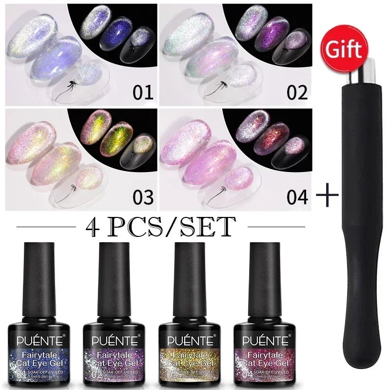 PUENTE 6Pcs Aurora Shell Thread Cat Magnetic Gel Polish Set With Magnet Glitter Pearl Cat Eye Gel Soak Off Nail Art Varnish Kit - Paola Center
