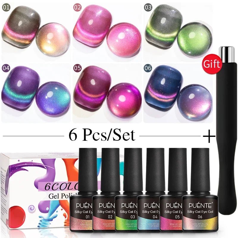 PUENTE 6Pcs Aurora Shell Thread Cat Magnetic Gel Polish Set With Magnet Glitter Pearl Cat Eye Gel Soak Off Nail Art Varnish Kit - Paola Center