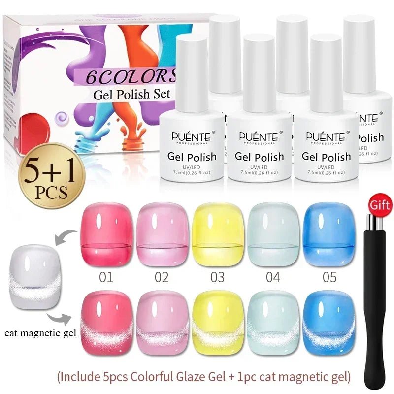 PUENTE 6Pcs Aurora Shell Thread Cat Magnetic Gel Polish Set With Magnet Glitter Pearl Cat Eye Gel Soak Off Nail Art Varnish Kit - Paola Center