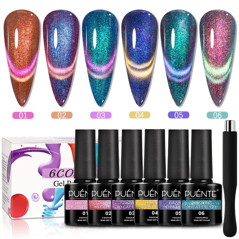 PUENTE 6Pcs Aurora Shell Thread Cat Magnetic Gel Polish Set With Magnet Glitter Pearl Cat Eye Gel Soak Off Nail Art Varnish Kit - Paola Center