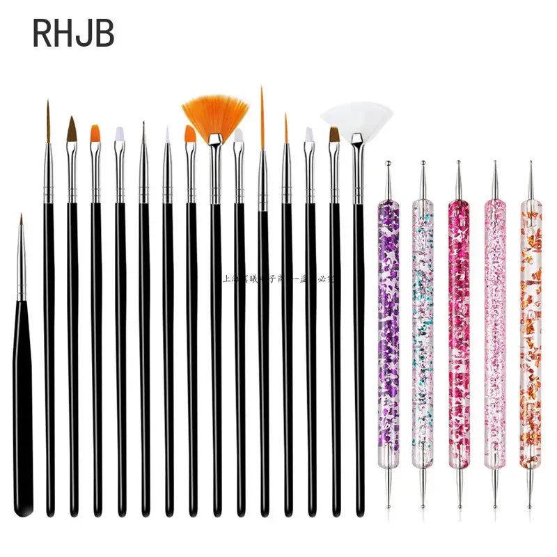 Paola Center flat liner nail pen for home salon set includes 15 detailed brushes and 5 glitter dotting tools