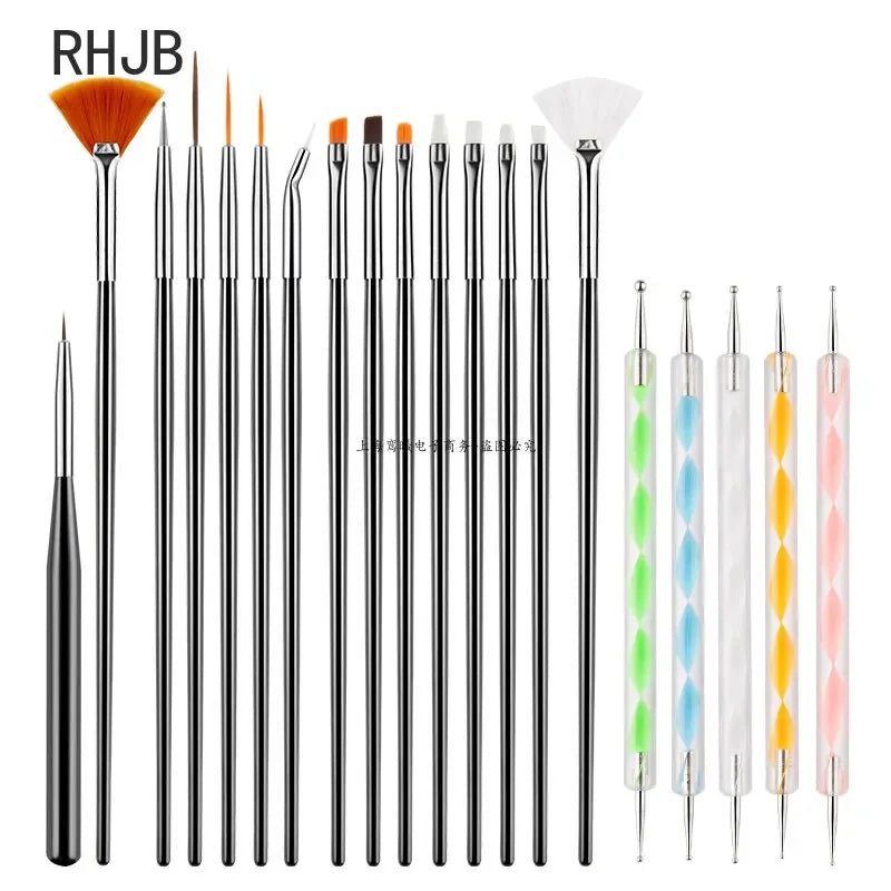 Flat liner nail pen for home salon set with multiple detailed nail art brushes and dotting tools