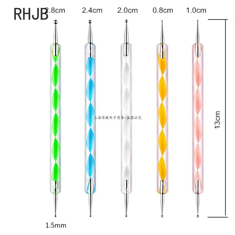 Set of five colorful flat liner nail pen for home salon with various tip sizes and twisted handles
