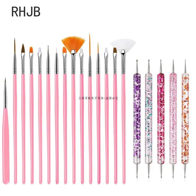 Flat liner nail pen for home salon set with 14 pink handle brushes and 5 glitter dotting tools