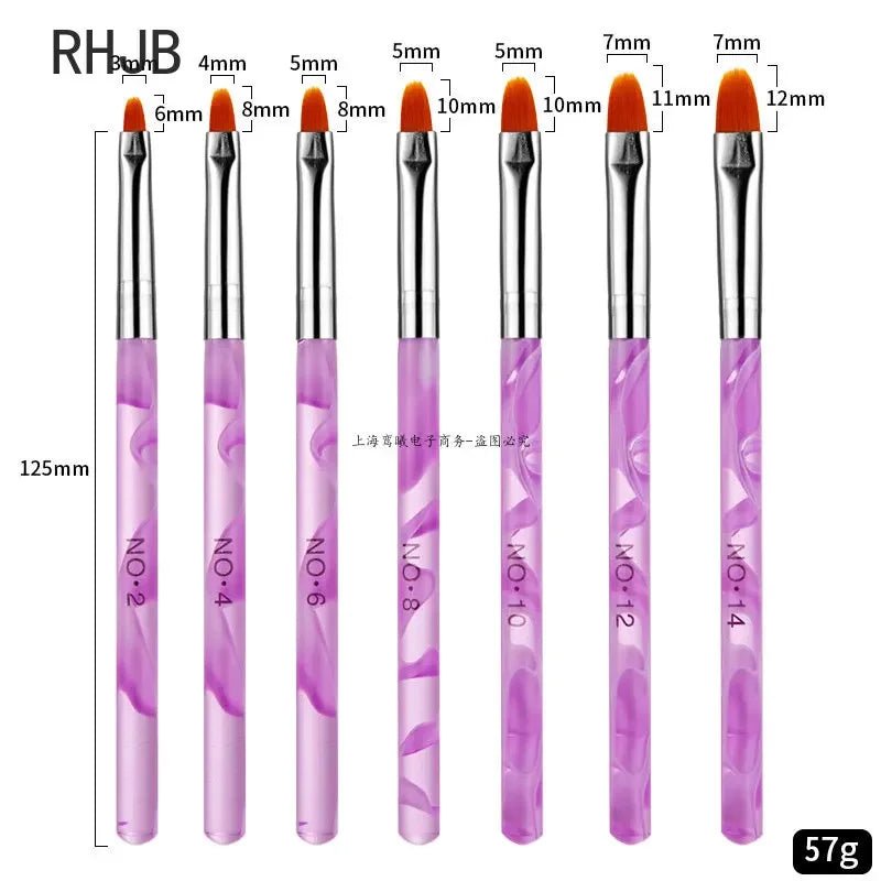 Set of seven flat liner nail pen for home salon brushes with purple handles in various sizes