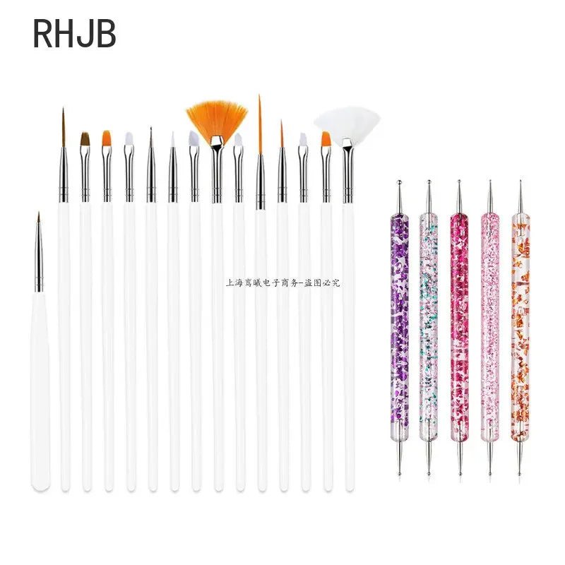 Set of white and colorful flat liner nail pen for home salon with various brush and dotting tools