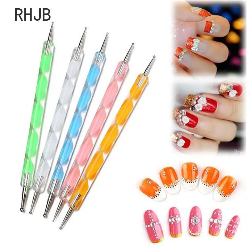 Variety of nail art supplies including dotting tools for creative nail designs