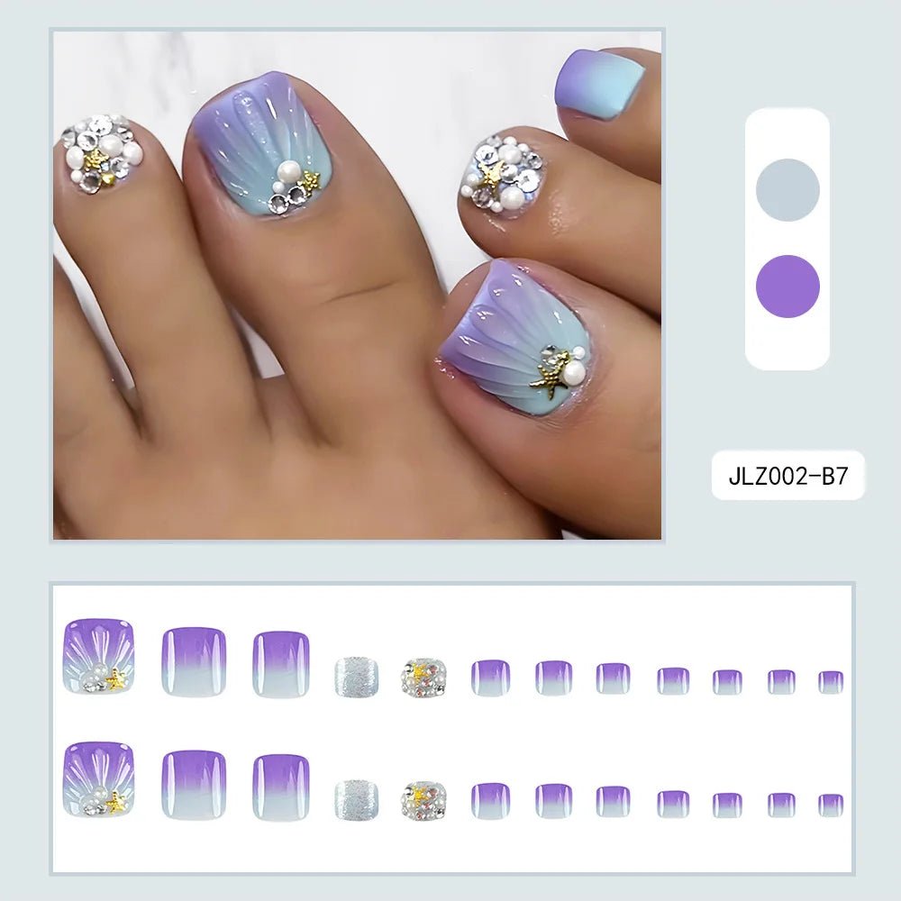 Summer Beach Toe False Nail Press on Nails 24 Pcs Fake Nails Set Shell Design Decorated Toe Nails Acrylic Stick on Toe Nail - Paola Center