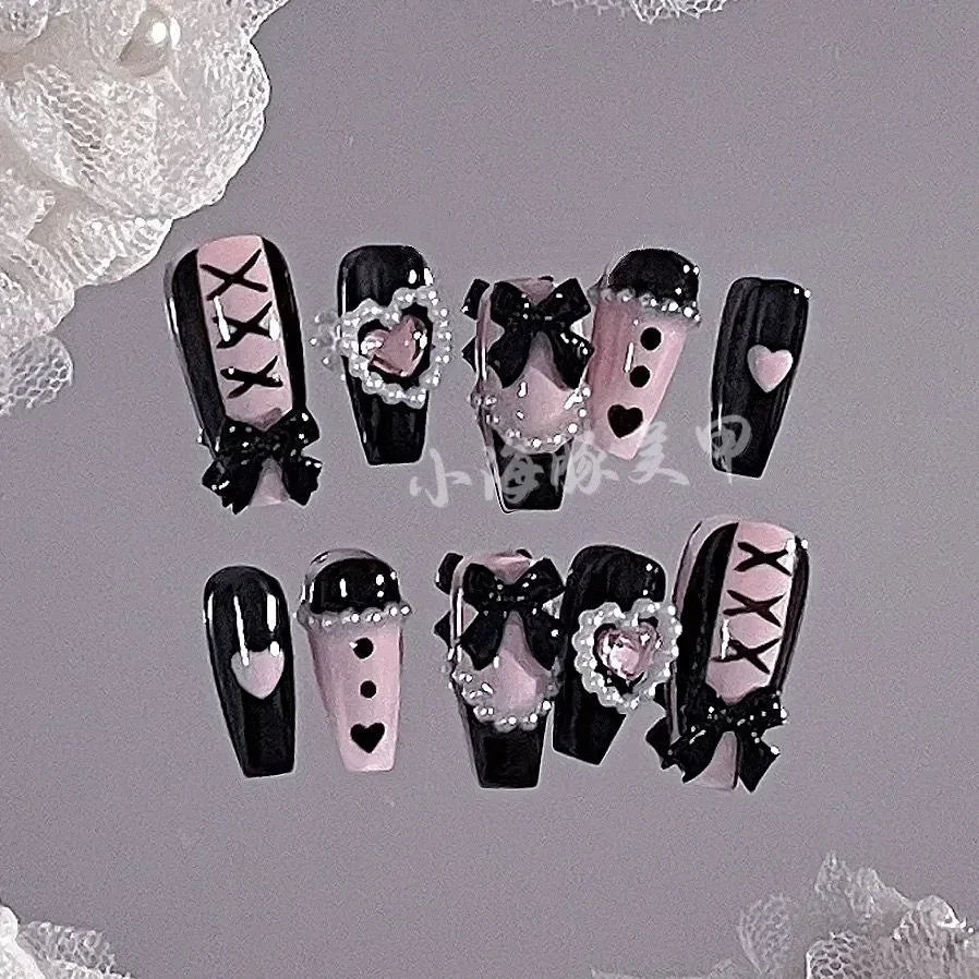 Sweet Cool Style Babes Lace Bow Nail Patch Handmade Fake Nails Stickers Wearing Nail Piece Finished Product Detachable - Paola Center