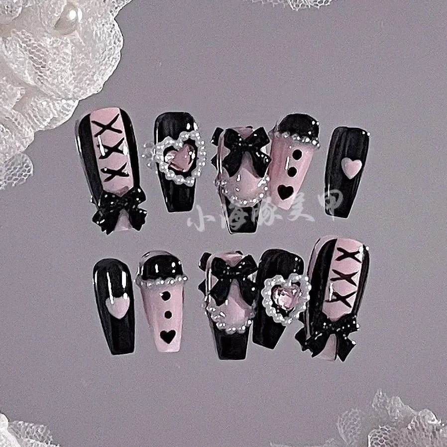 Sweet Cool Style Babes Lace Bow Nail Patch Handmade Fake Nails Stickers Wearing Nail Piece Finished Product Detachable - Paola Center