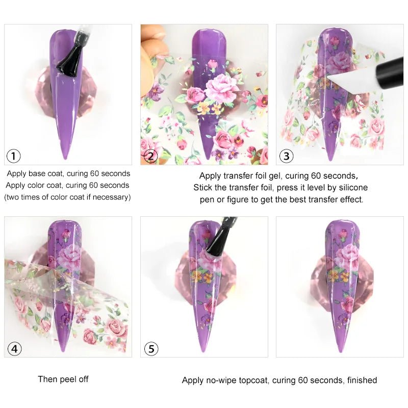 Step-by-step process for luxury nails using Hailey Bieber nails art supplies with floral transfer foil