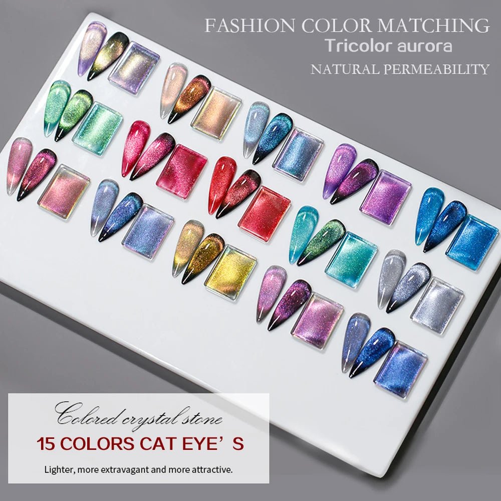 Vendeeni 15 Colors/set Colourful Crystal Aurora Cat Eye Gel Nail Polish Magnetic Gel Varnish UV LED Soak Off Gel Lacquer - Paola Center
