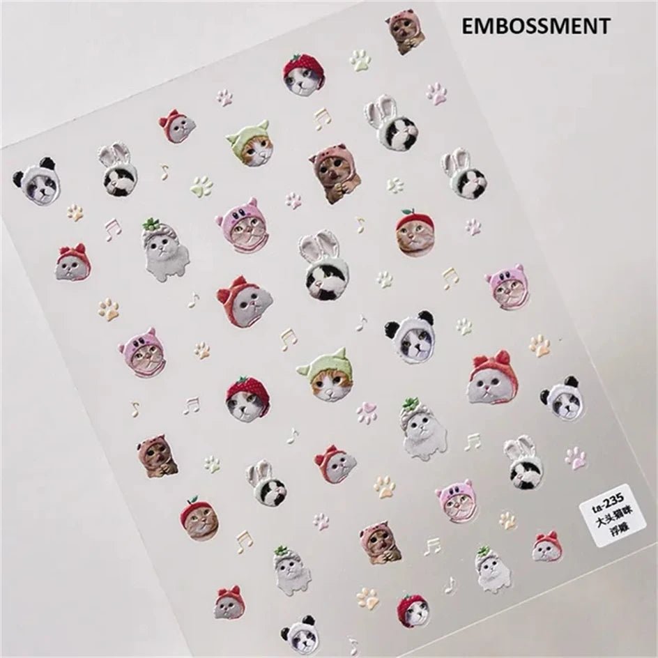 White Halo Dyeing Cat Face Cup Black Orange Toy Umbrella Love Heart Kitty Cake Embossed Relief Nail Art Stickers Manicure Decals - Paola Center