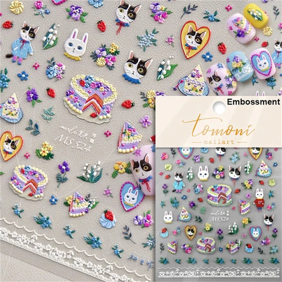 White Halo Dyeing Cat Face Cup Black Orange Toy Umbrella Love Heart Kitty Cake Embossed Relief Nail Art Stickers Manicure Decals - Paola Center