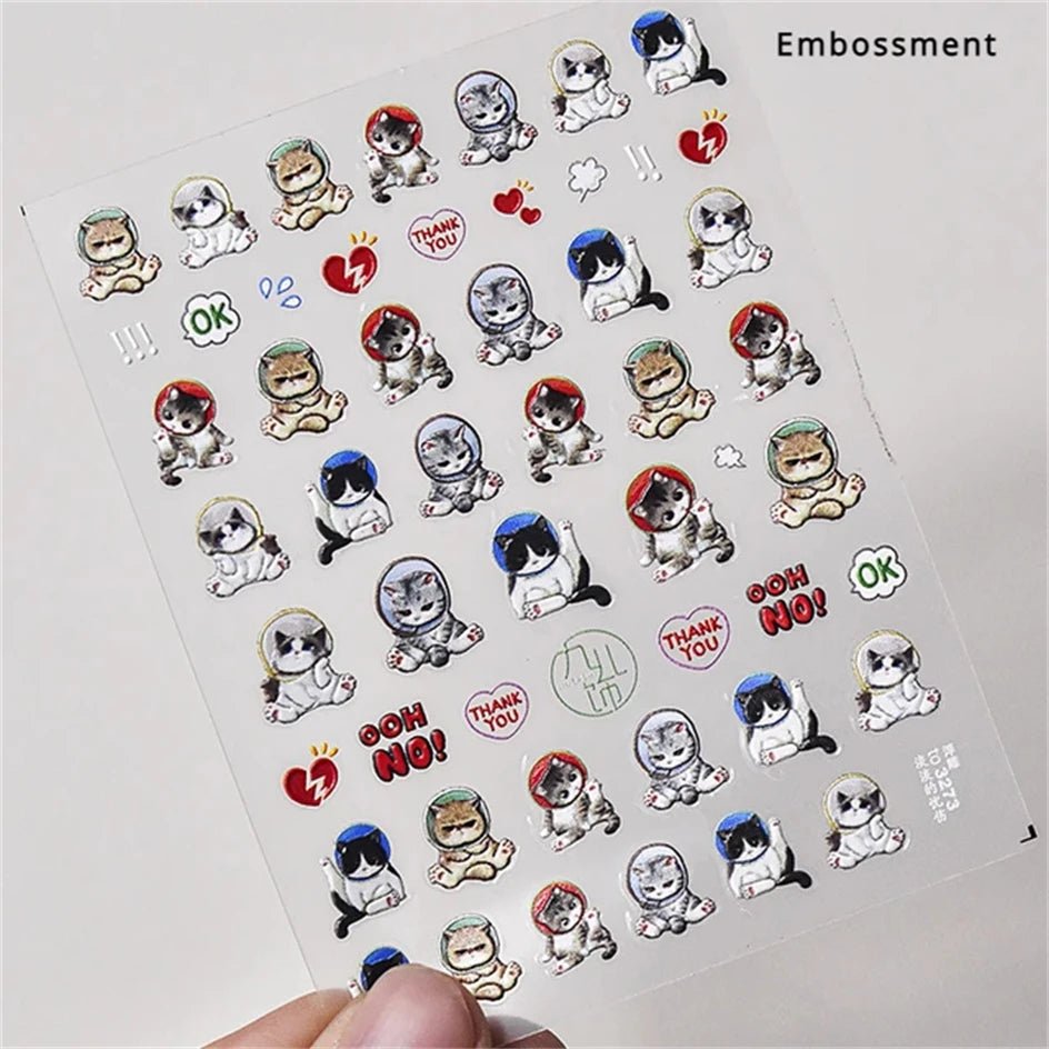 White Halo Dyeing Cat Face Cup Black Orange Toy Umbrella Love Heart Kitty Cake Embossed Relief Nail Art Stickers Manicure Decals - Paola Center