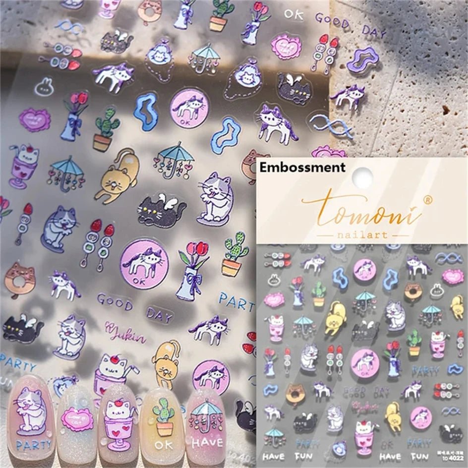 White Halo Dyeing Cat Face Cup Black Orange Toy Umbrella Love Heart Kitty Cake Embossed Relief Nail Art Stickers Manicure Decals - Paola Center